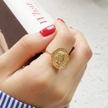 LEVEN VÄLJAMÕELDUD | 14K Gold Geomeetriline Kuninganna Elizabeth Münt Rõnga Vintage Signet Kuldne Medal Vana-kreeka Ehted Ring Võlu Rõngad